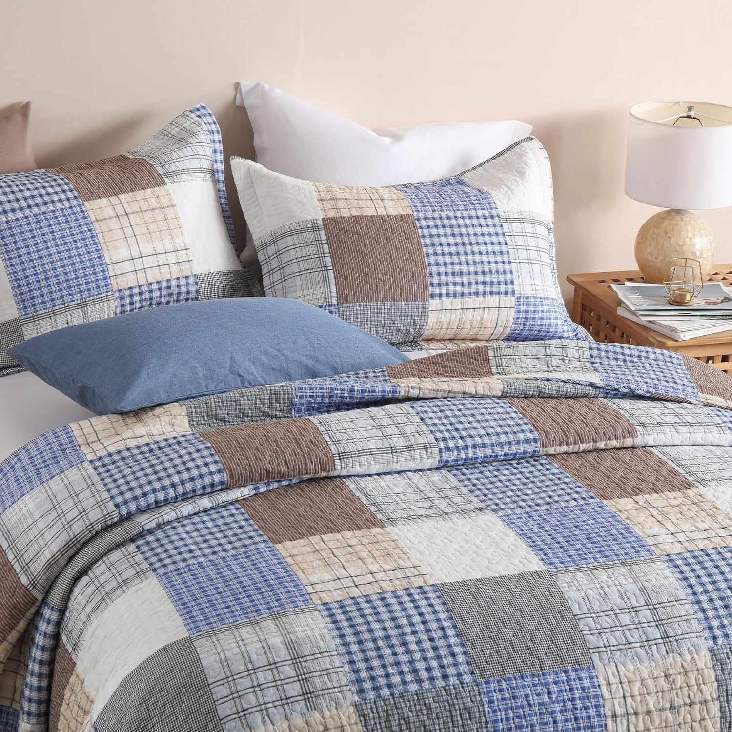 King Size Comforter Set- 100% Cotton Quilt King Size Set, Bule, Plaid Bedspreads (96 * 108 Inch) with 2 Pillow Shams, Patchwork Reversible Lightweight Bedding