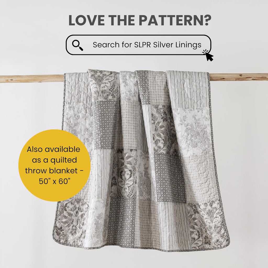 Silver Linings Cotton Quilt Set - Queen Size with 2 Shams, Neutral Pieced Patchwork Design, Country Silver Gray Quilted Comforter, Lightweight Summer Farmhouse Bedspread
