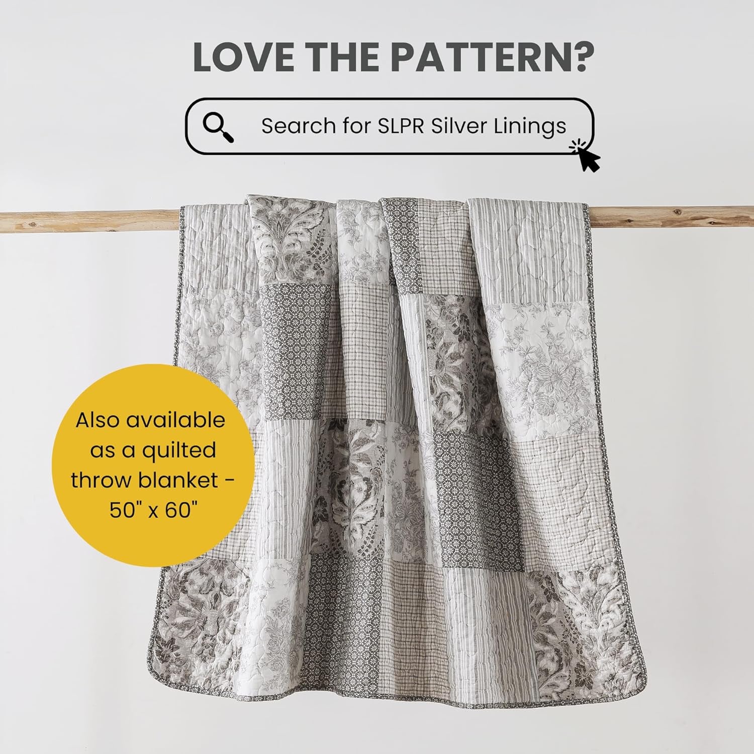 Silver Linings Cotton Quilt Set - Queen Size with 2 Shams, Neutral Pieced Patchwork Design, Country Silver Gray Quilted Comforter, Lightweight Summer Farmhouse Bedspread