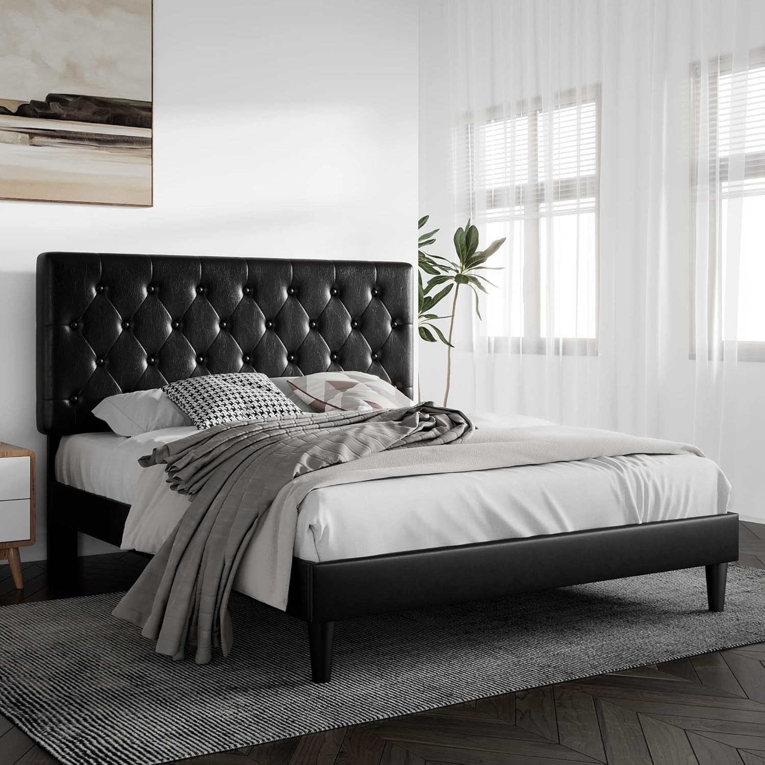 Queen Size Platform Bed Frame with Button Tufted Headboard, Faux Leather Upholstered Mattress Foundation, Wooden Slat Support, No Box Spring Needed, Black