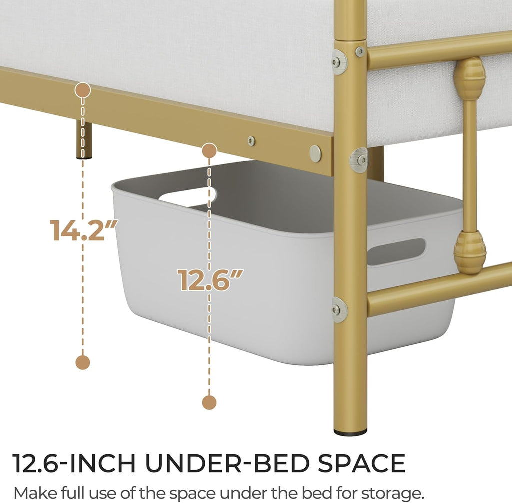 Classic Metal Platform Bed Frame Mattress Foundation with Victorian Style Iron-Art Headboard/Footboard/Under Bed Storage/No Box Spring Needed/Queen Size Antique Gold